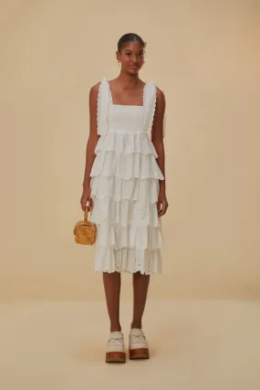 Off-White Embroidered Ruffle Midi Dress