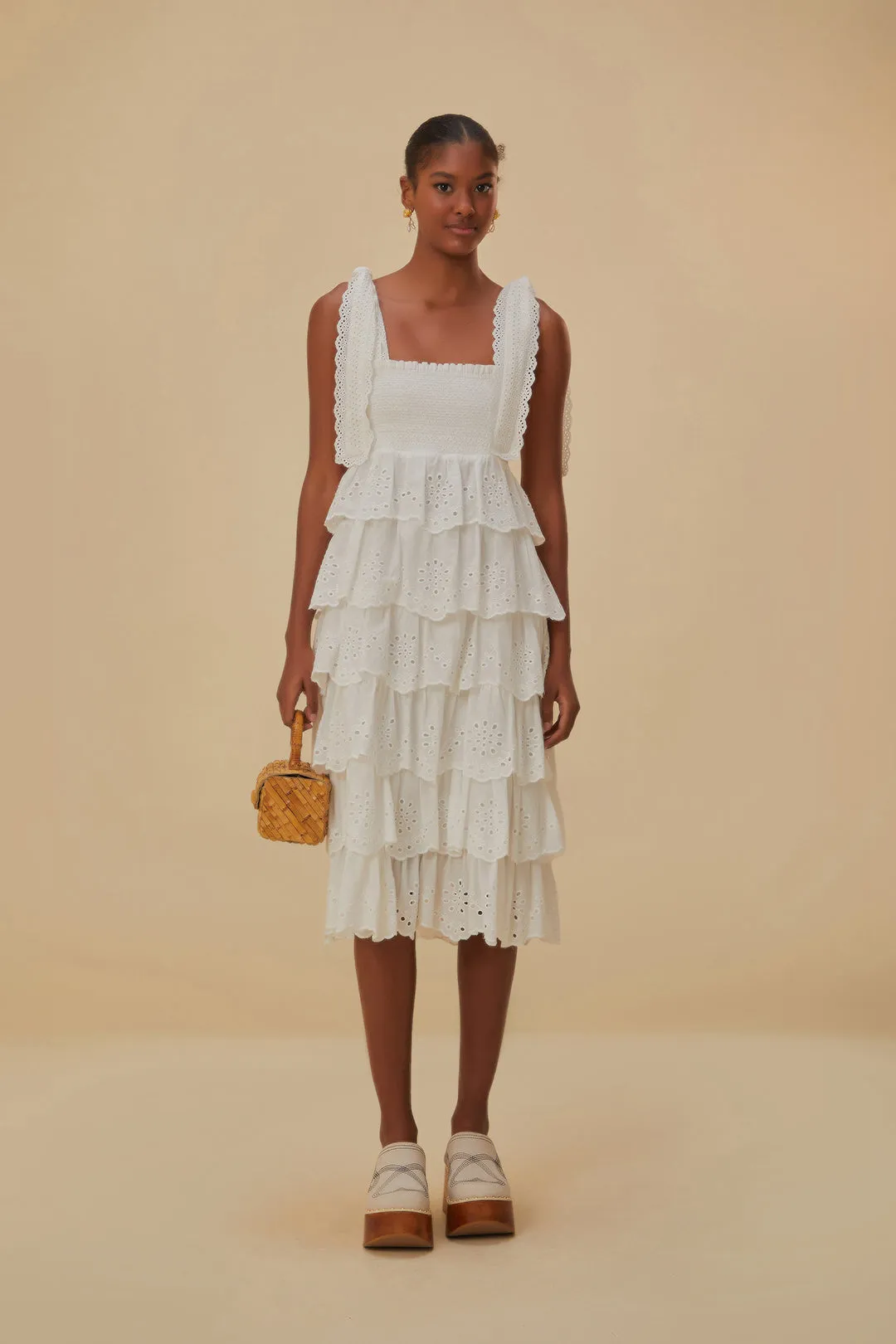 Off-White Embroidered Ruffle Midi Dress