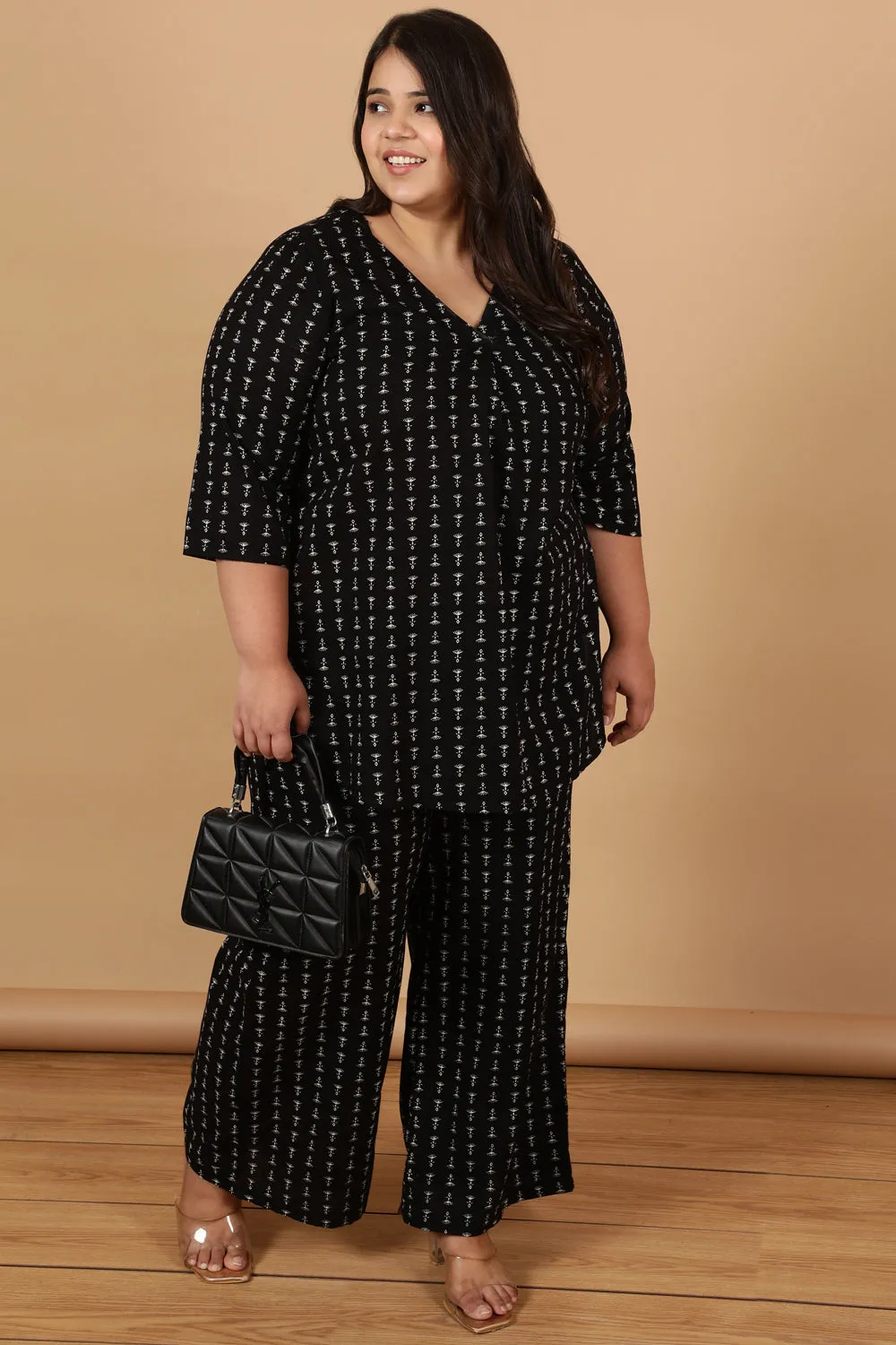 Plus Size Black Linear Printed Cotton High Waist Pants