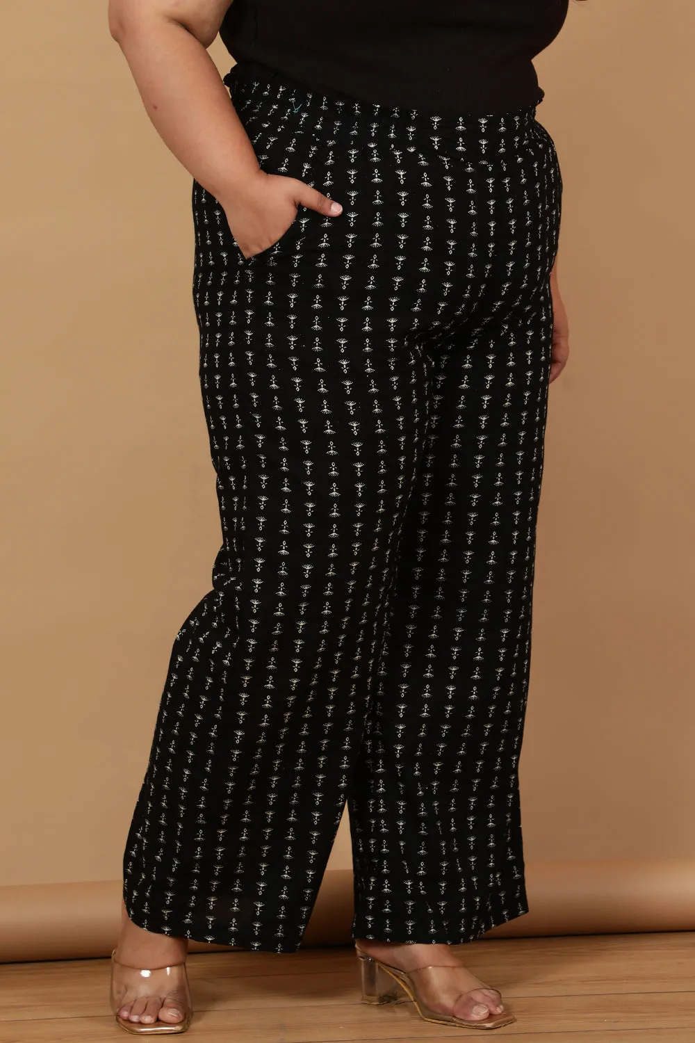 Plus Size Black Linear Printed Cotton High Waist Pants