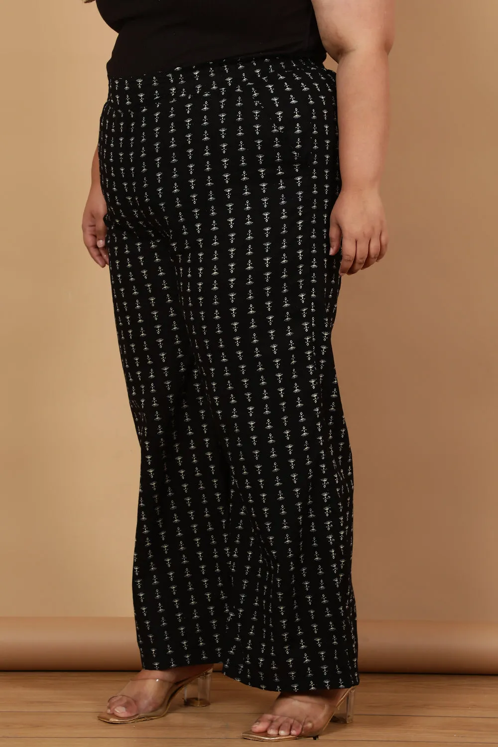 Plus Size Black Linear Printed Cotton High Waist Pants