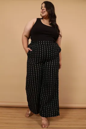 Plus Size Black Linear Printed Cotton High Waist Pants