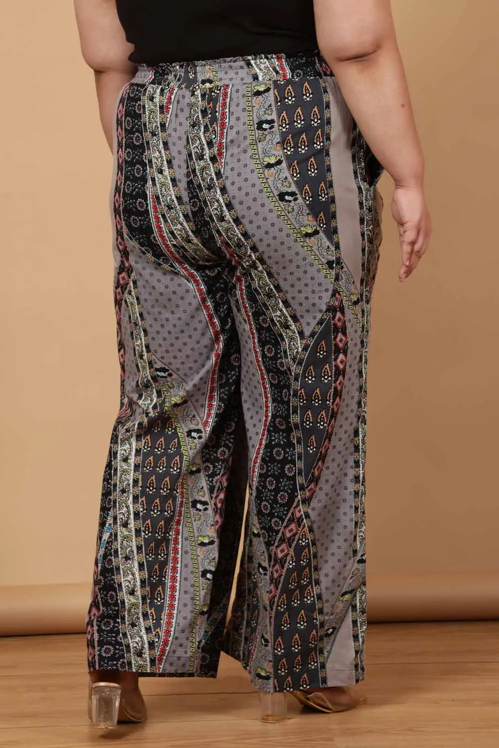 Plus Size Grey Printed Cotton High Waist Pants