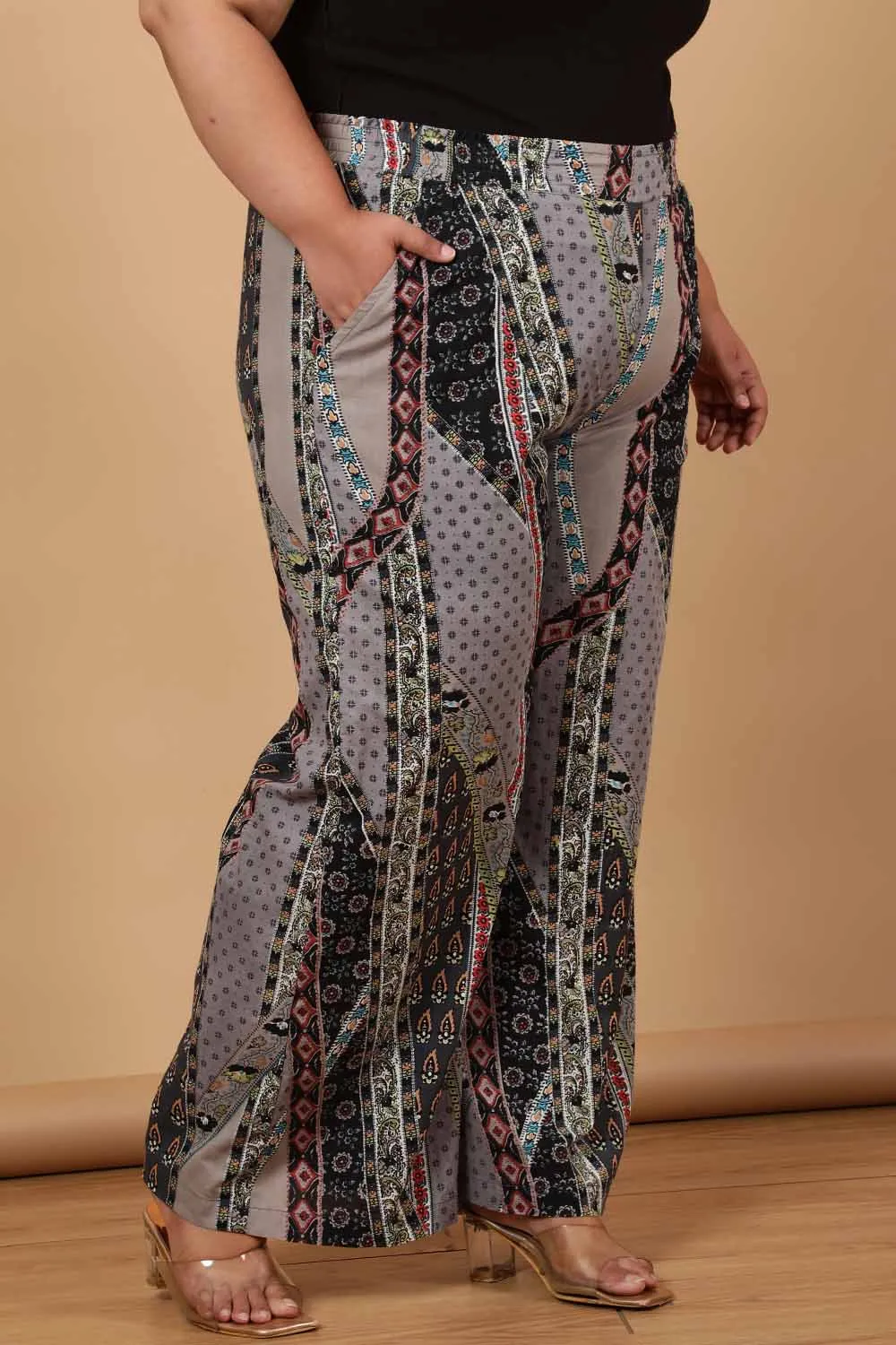 Plus Size Grey Printed Cotton High Waist Pants