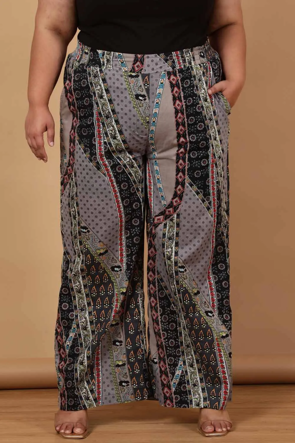 Plus Size Grey Printed Cotton High Waist Pants