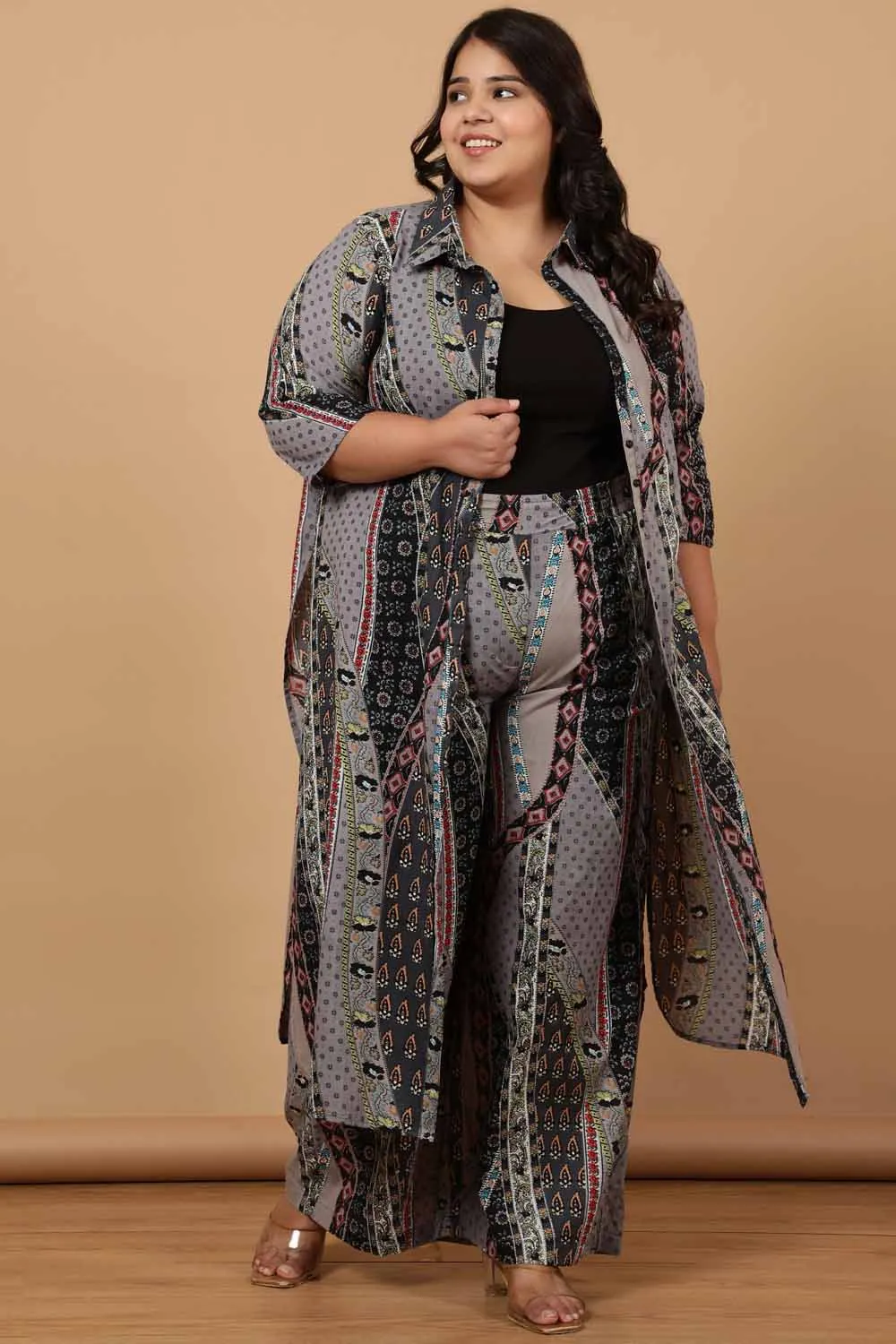 Plus Size Grey Printed Cotton High Waist Pants