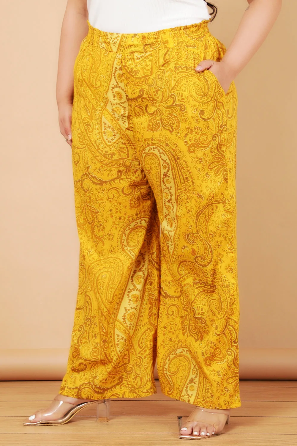 Plus Size Yellow Paisely Print Cotton High Waist Pants