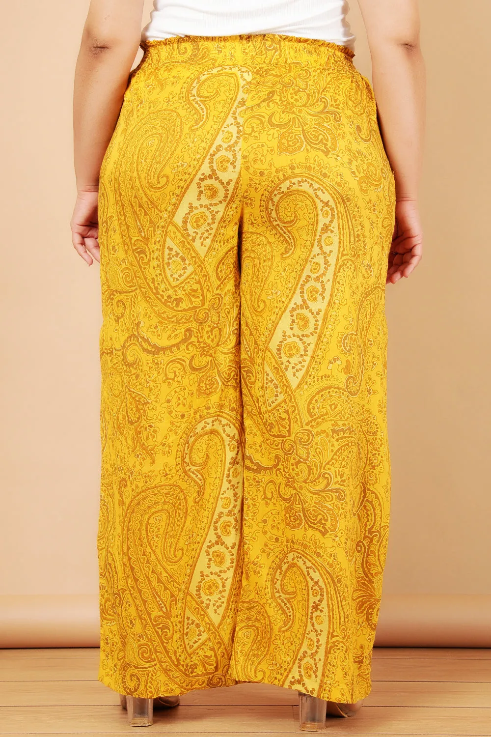 Plus Size Yellow Paisely Print Cotton High Waist Pants