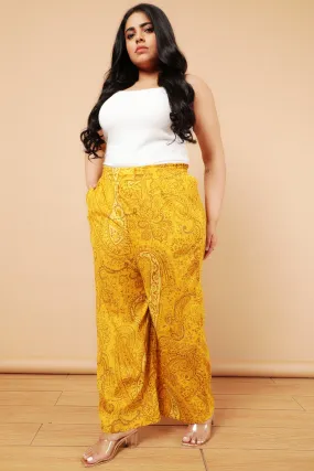 Plus Size Yellow Paisely Print Cotton High Waist Pants