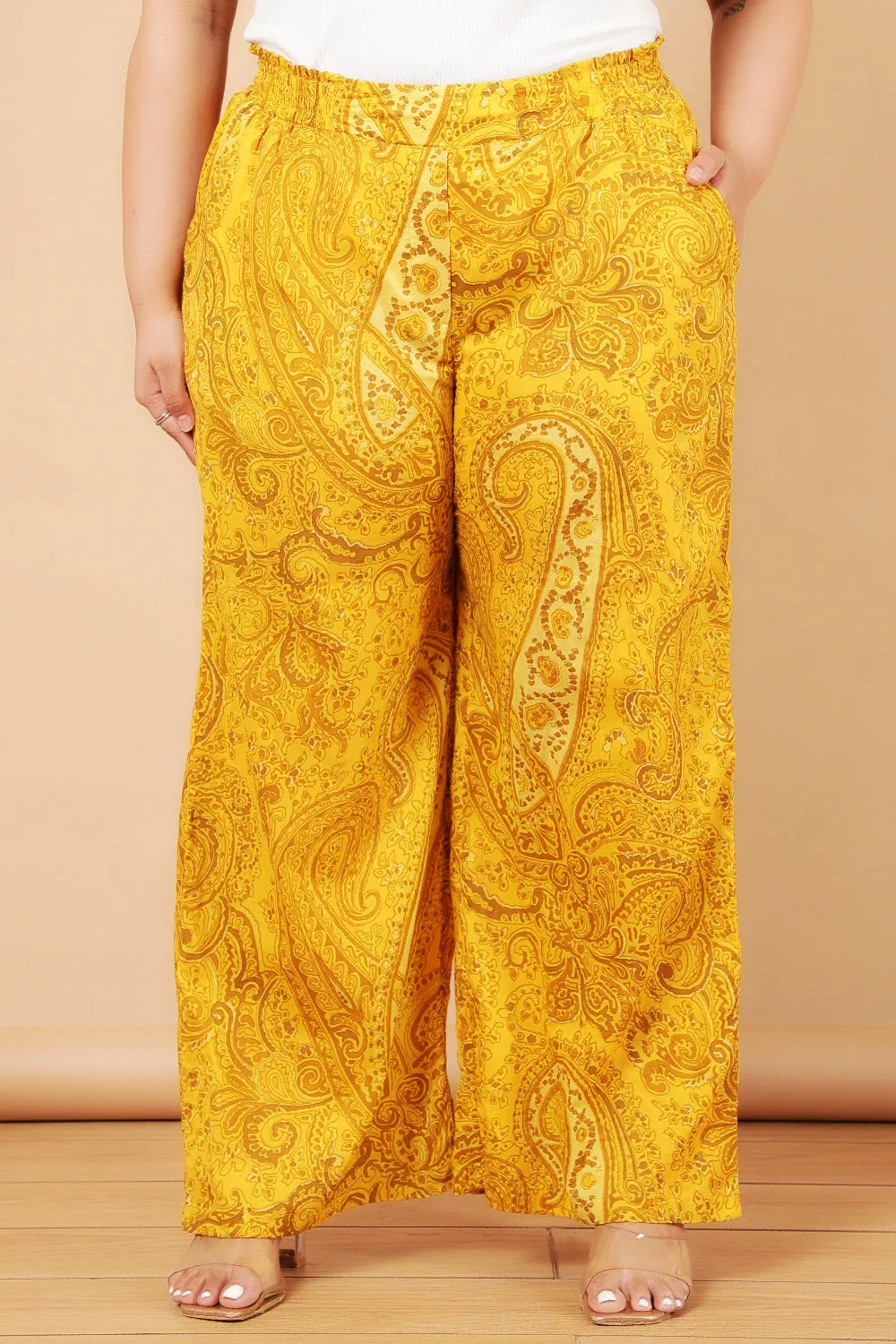 Plus Size Yellow Paisely Print Cotton High Waist Pants