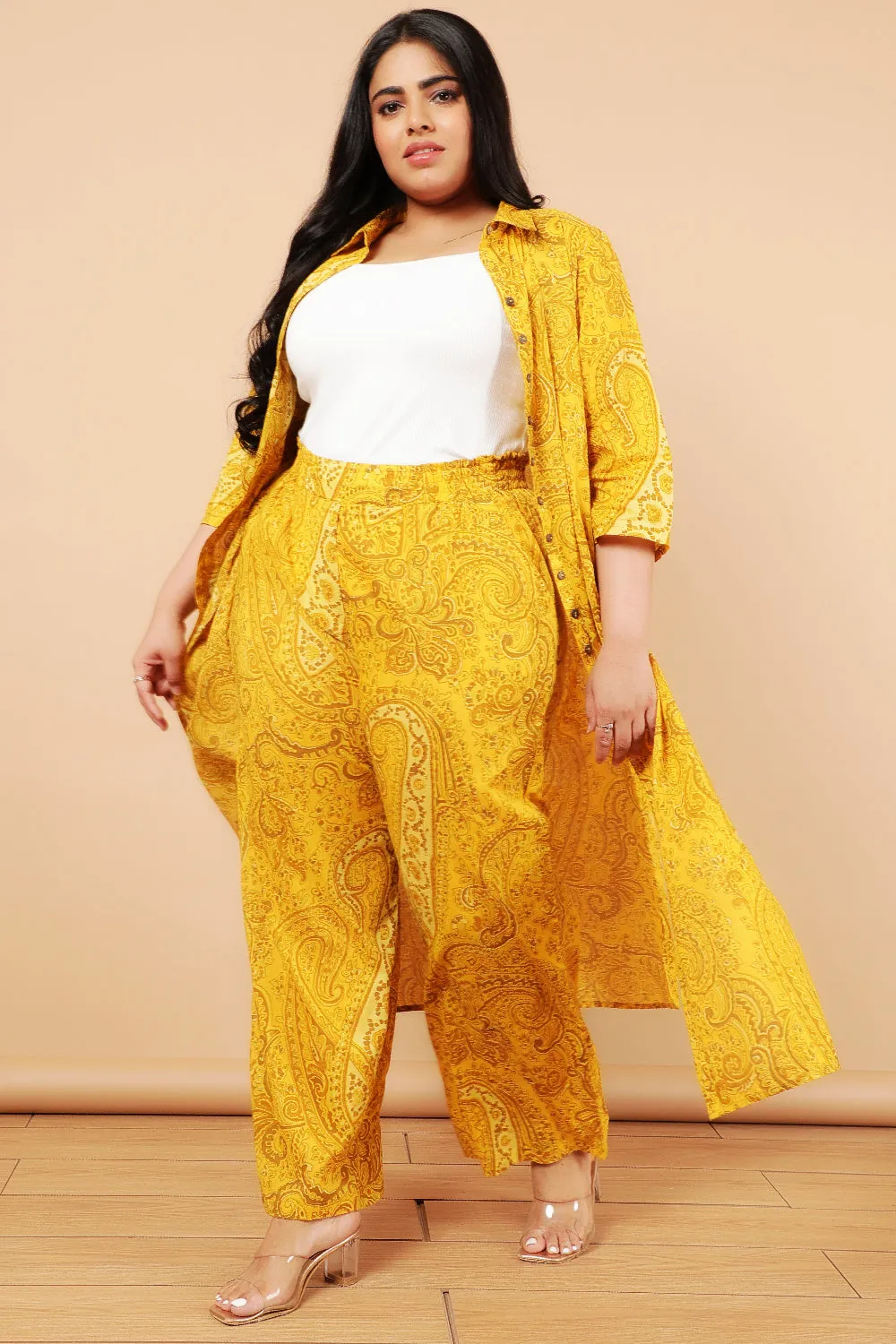 Plus Size Yellow Paisely Print Cotton High Waist Pants