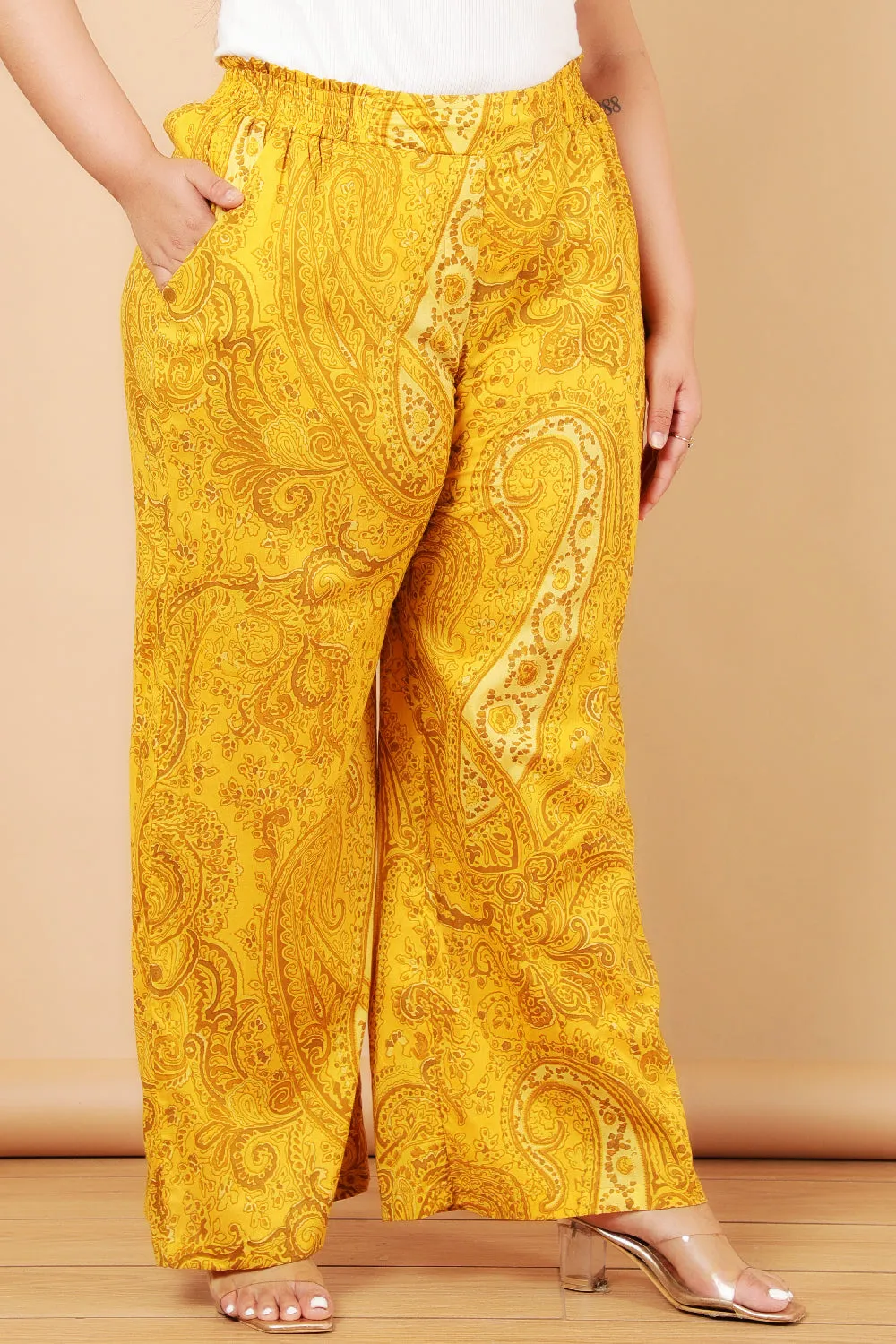 Plus Size Yellow Paisely Print Cotton High Waist Pants