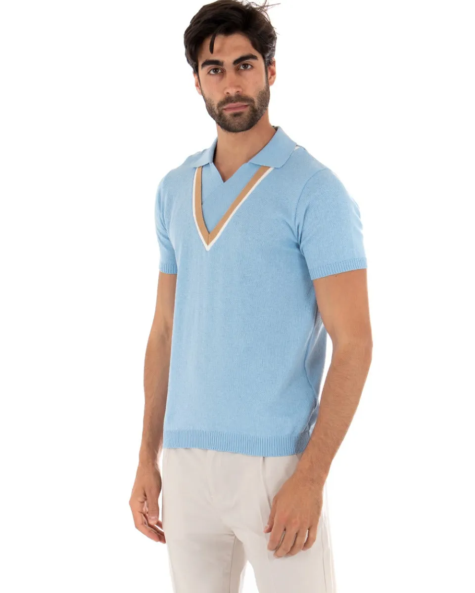 Polo Uomo T-shirt Maniche Corte Scollo a V Colletto Celeste Casual GIOSAL