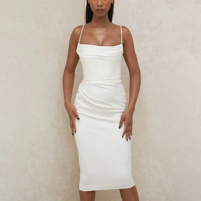 Slimming Spaghetti Straps White Ruched Midi Dress