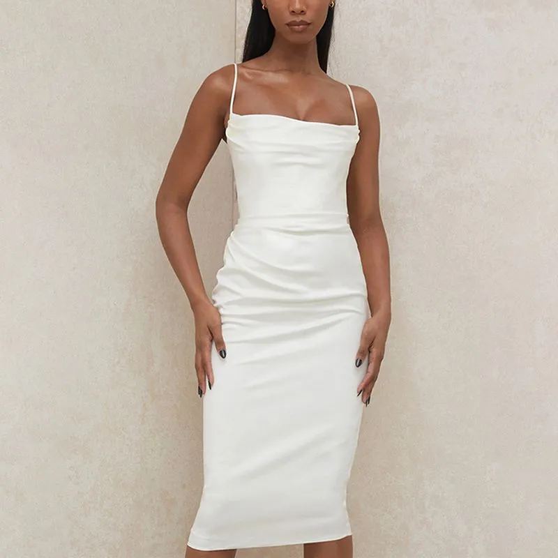 Slimming Spaghetti Straps White Ruched Midi Dress