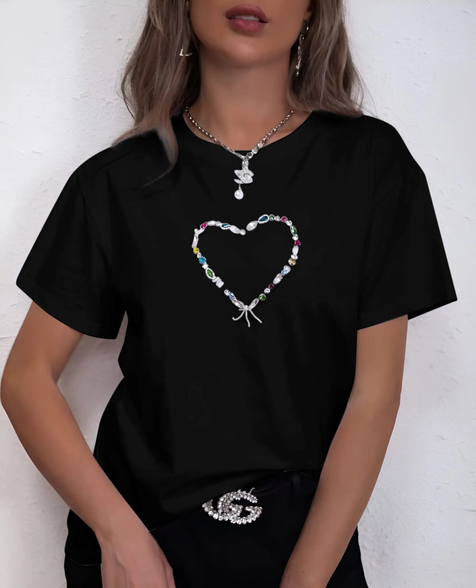 T Shirt Donna Maglia Mezza Manica Pietre Multicolore Gioiello Casual