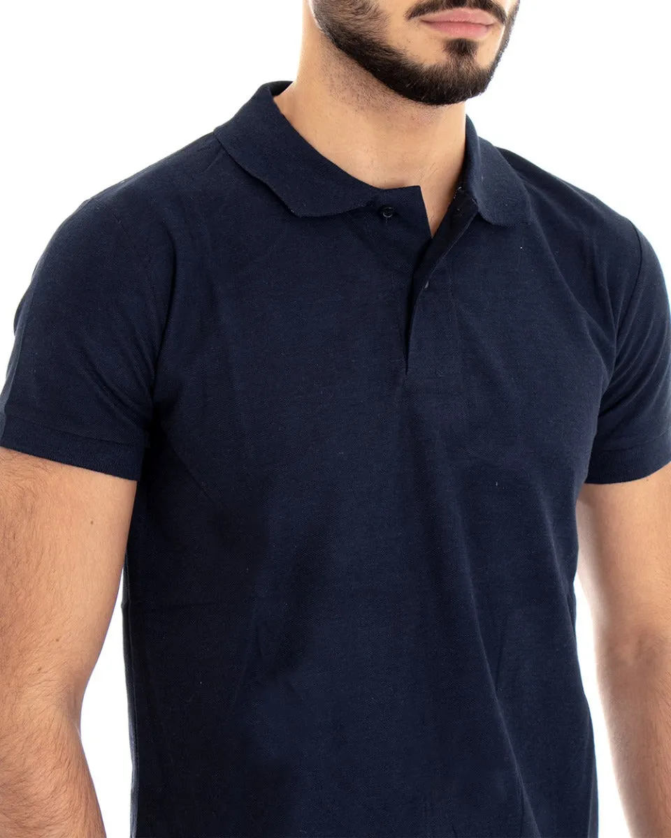 T-shirt Uomo Polo Tinta Unita Blu Manica Corta Colletto Bottoncini Basic Casual GIOSAL-TS2975A