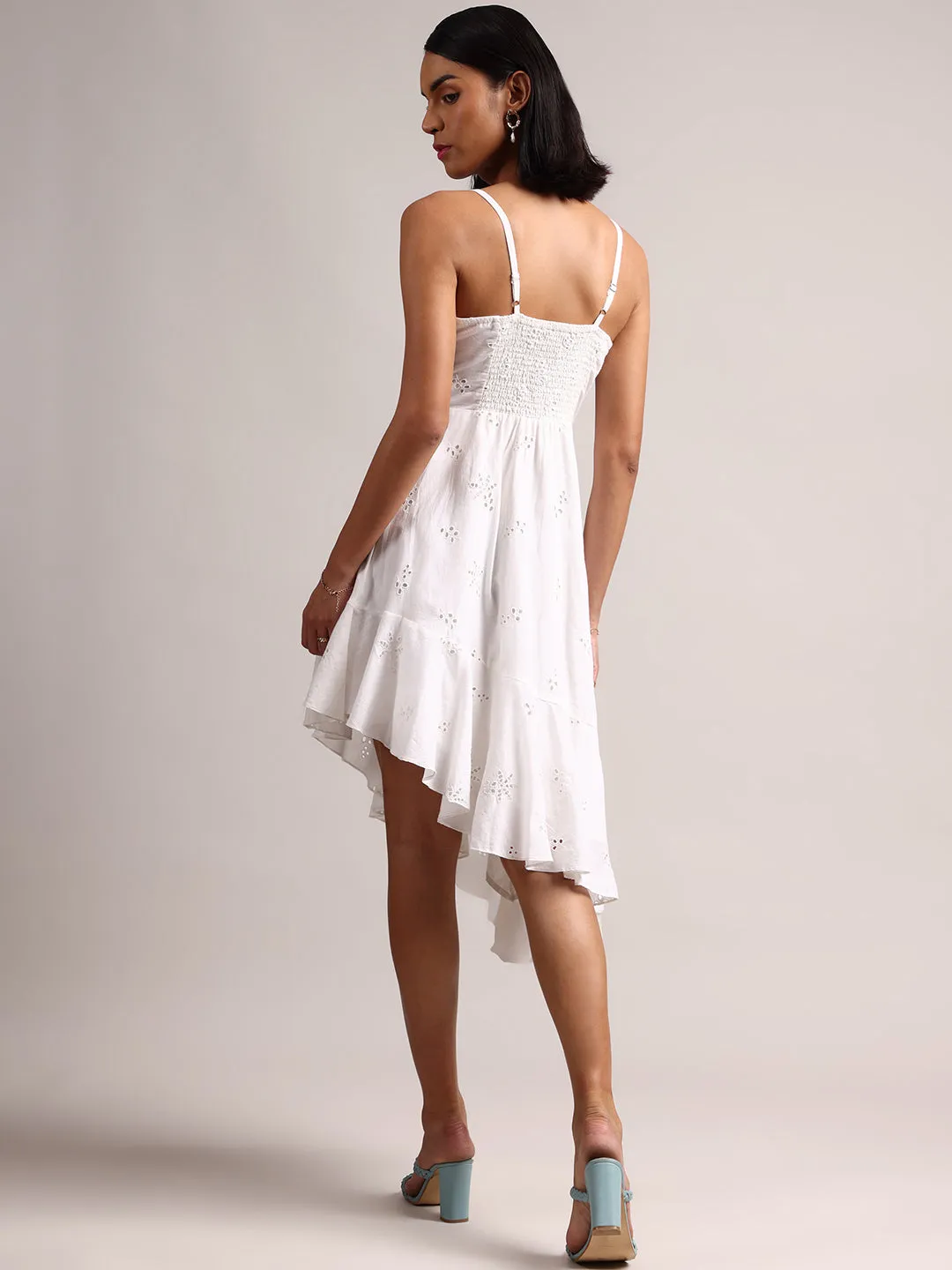 White Cotton Schiffli Asymmetric Dress