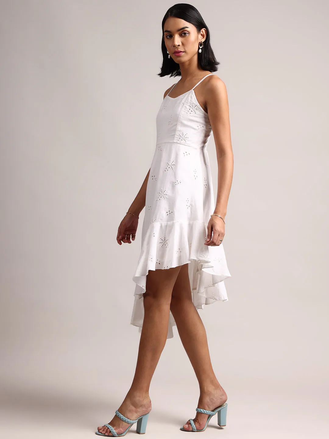 White Cotton Schiffli Asymmetric Dress