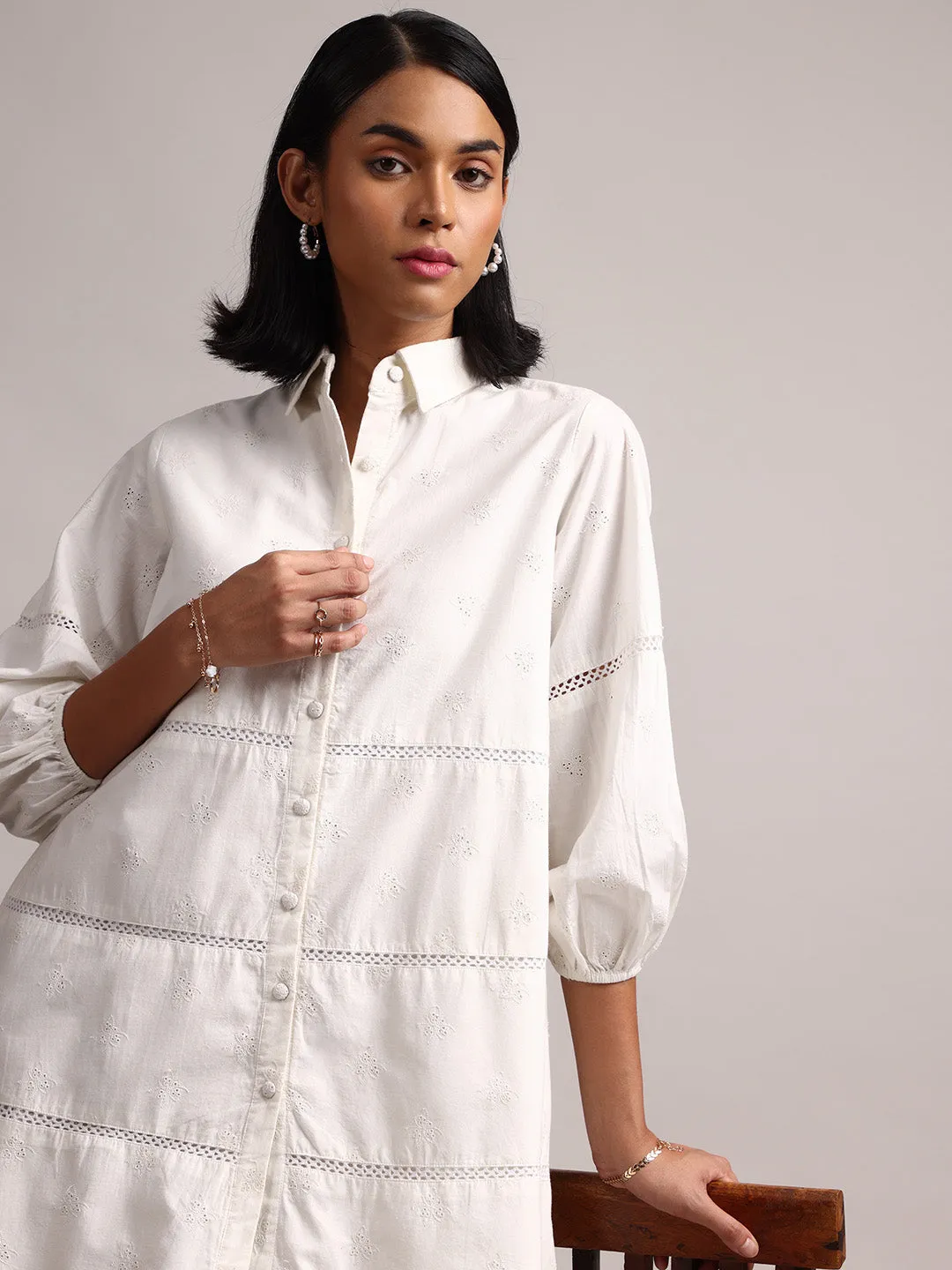 White Cotton Schiffli Embroidered Shirt Dress