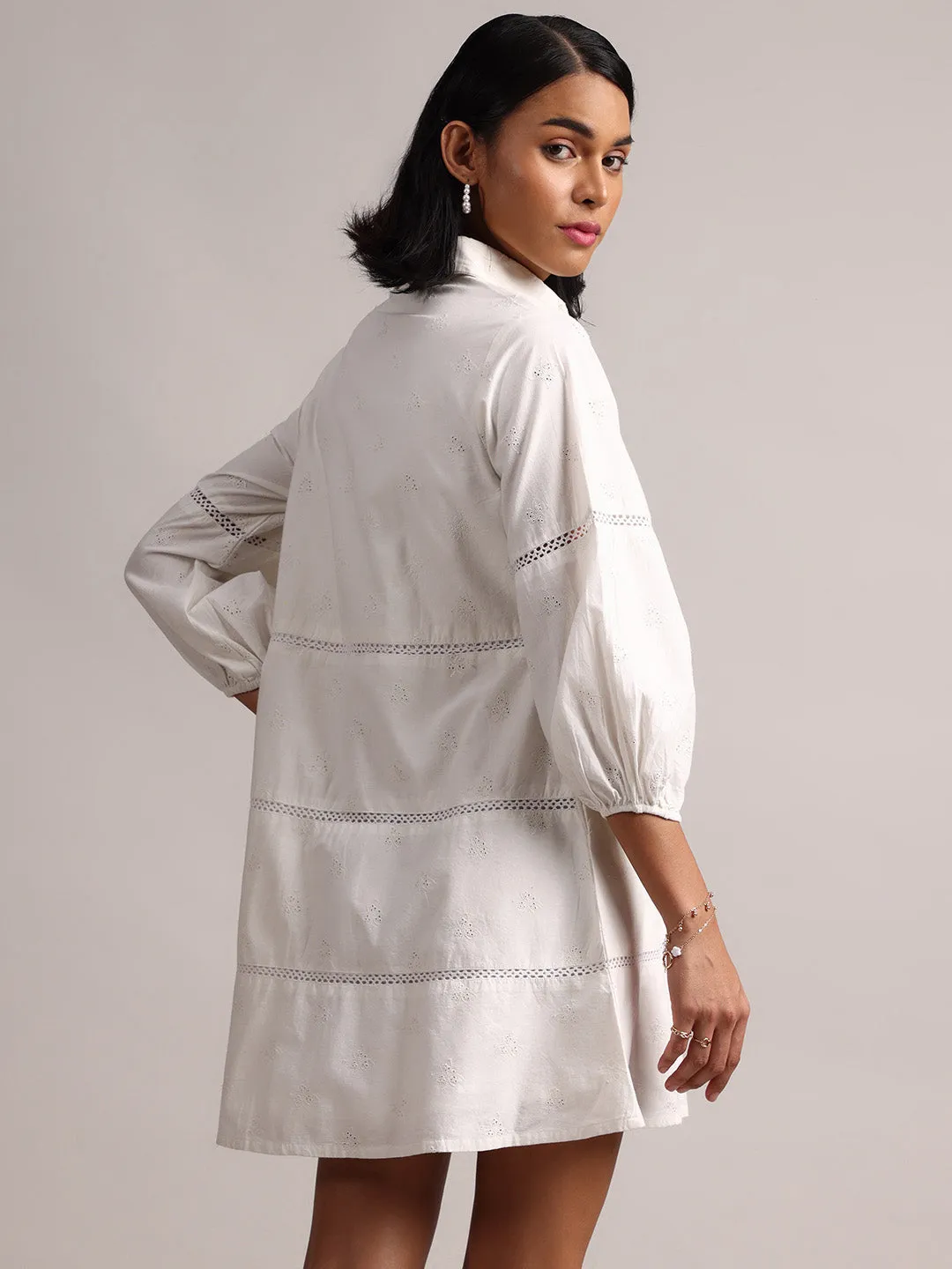 White Cotton Schiffli Embroidered Shirt Dress