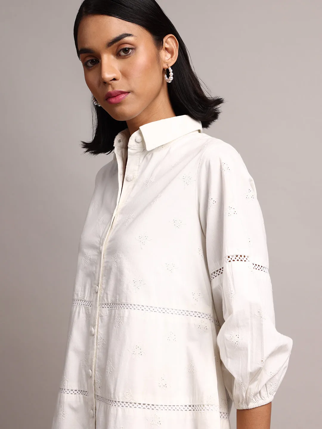 White Cotton Schiffli Embroidered Shirt Dress