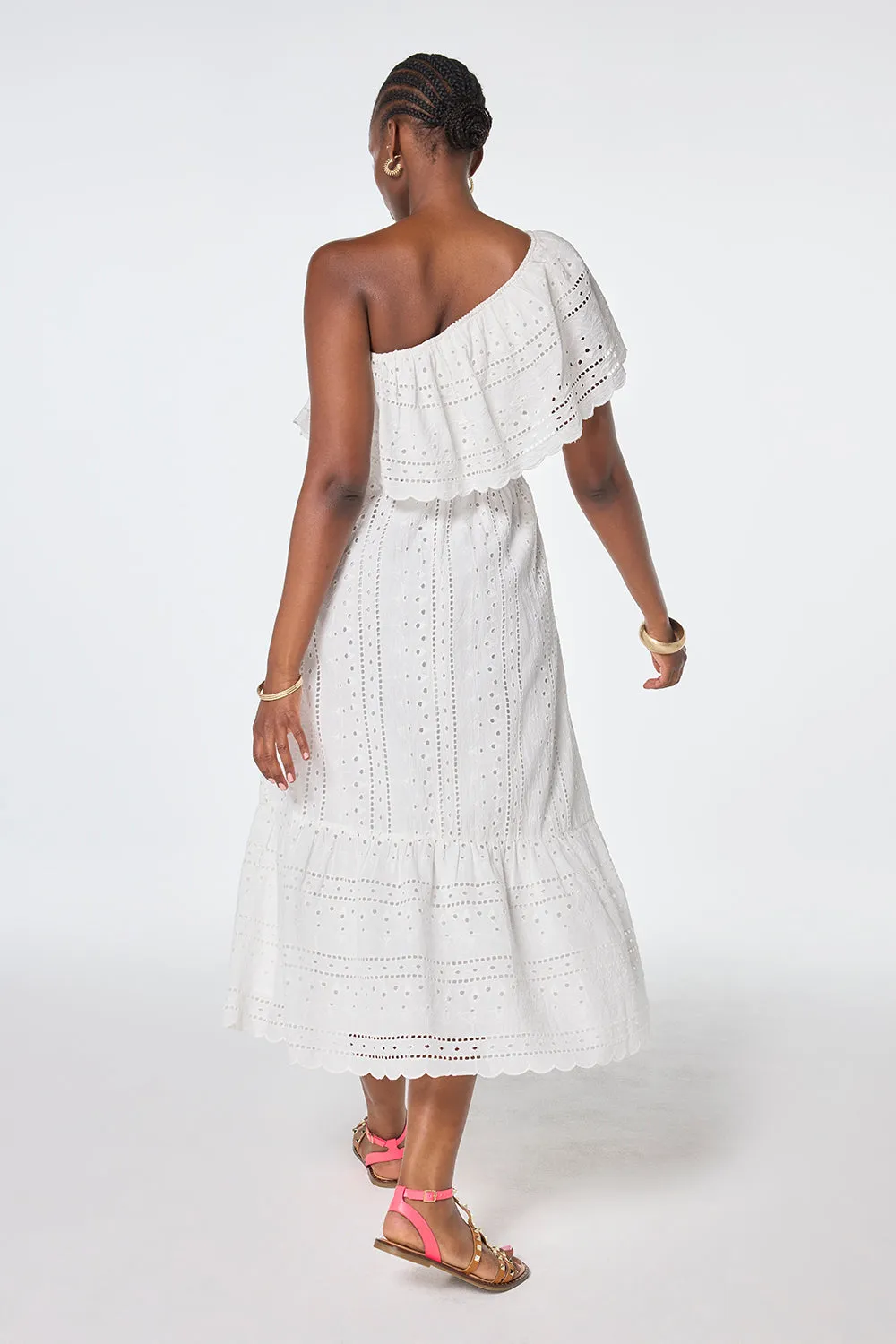 White One Shoulder Broderie Tiered Midi Dress