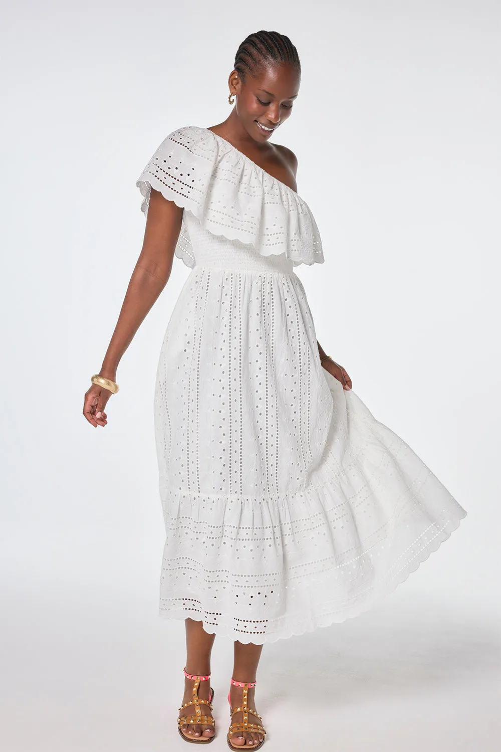 White One Shoulder Broderie Tiered Midi Dress