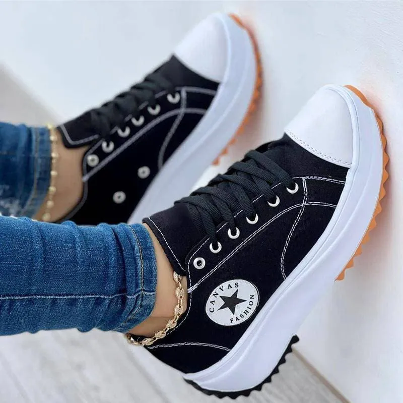 Women's Fashion Canvas Color-Blocking Lace-up Platform Heel Sneakers