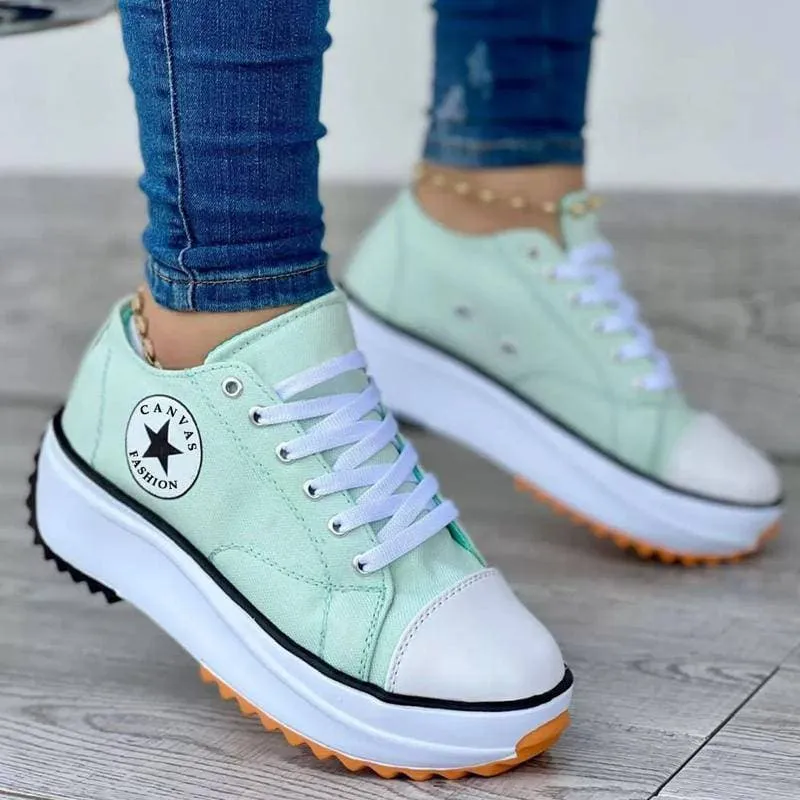 Women's Fashion Canvas Color-Blocking Lace-up Platform Heel Sneakers