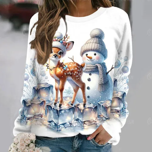 Women's T-Shirt Christmas Elk Pullover Casual Long Sleeve T Shirt for