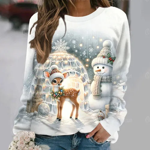 Women's T-Shirt Christmas Elk Pullover Casual Long Sleeve T Shirt for