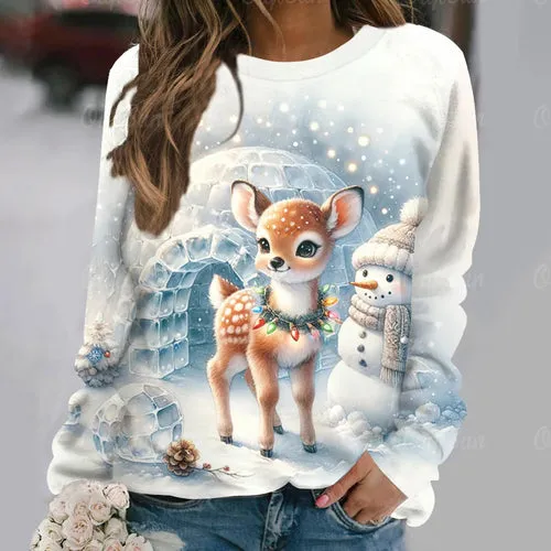 Women's T-Shirt Christmas Elk Pullover Casual Long Sleeve T Shirt for