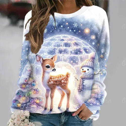 Women's T-Shirt Christmas Elk Pullover Casual Long Sleeve T Shirt for