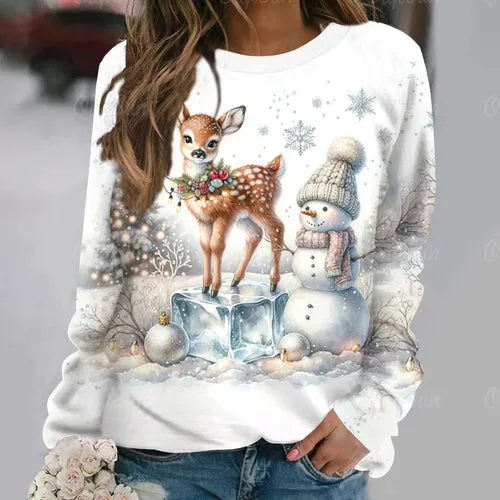 Women's T-Shirt Christmas Elk Pullover Casual Long Sleeve T Shirt for