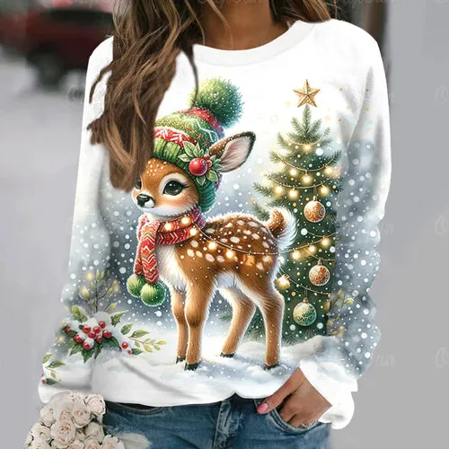 Women's T-Shirt Christmas Elk Pullover Casual Long Sleeve T Shirt for